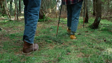 男人。女人徒步旅行靴子走森林徒步旅行者徒步旅行森林
